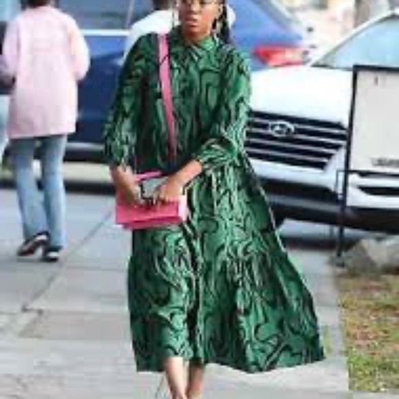 Zara Swirl Print Green Black Long Sleeve Button Up Maxi Dress Blogger's Fav M - Picture 7 of 16